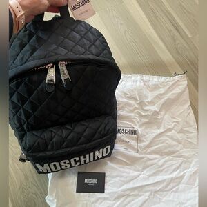 Moschino XLarge Quilted Nylon Logo Backpack Black/Silver NWT